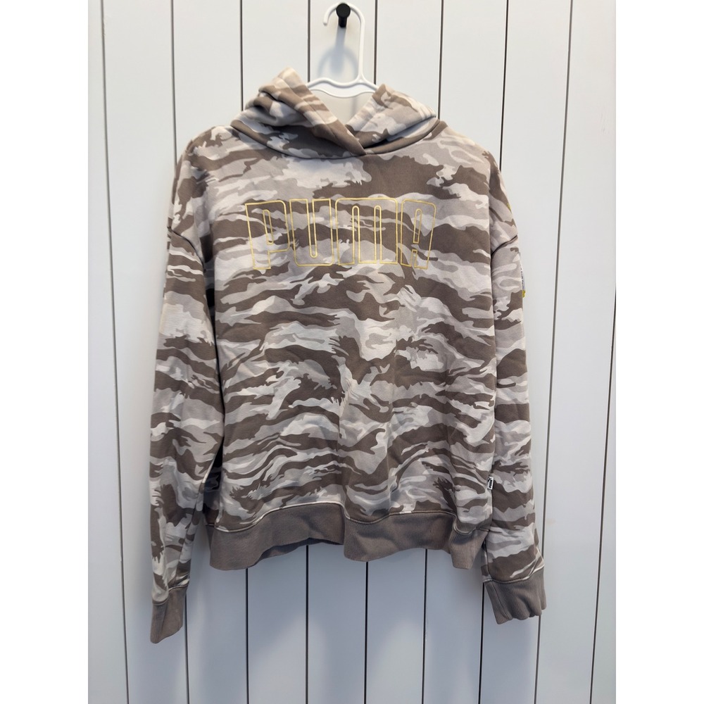 Puma Hoodie Womens Large Tan Camo Gold Foil Logo Pullover Streetwear Gorpcore